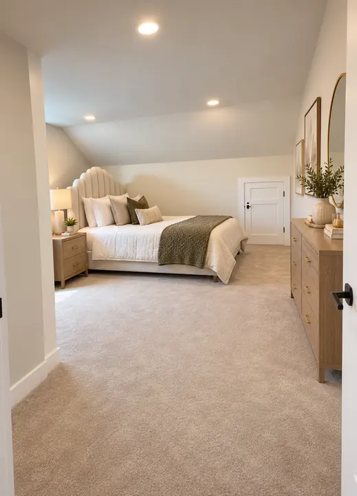 Finished attic bedroom with sloped ceiling, recessed lights and carpet
