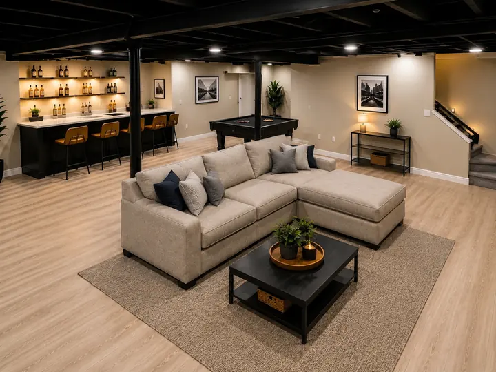 Finished basement with wet bar, sectional, pool table and black exposed ceiling