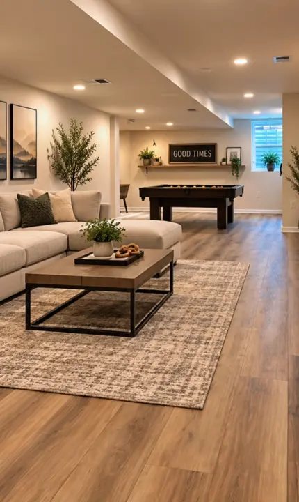 Finished basement lounge with sectional, pool table and LVP flooring