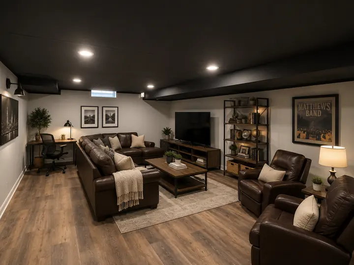 Finished basement with leather sectional, recliners, TV and desk