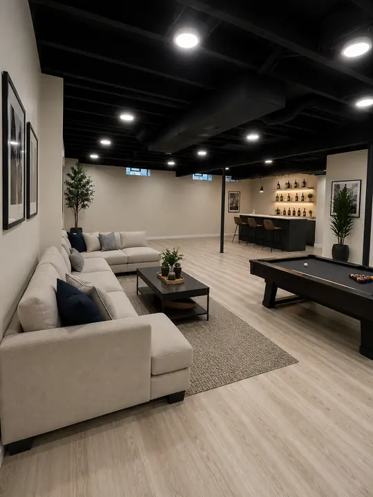 Long finished basement with sectional sofa, pool table and bar