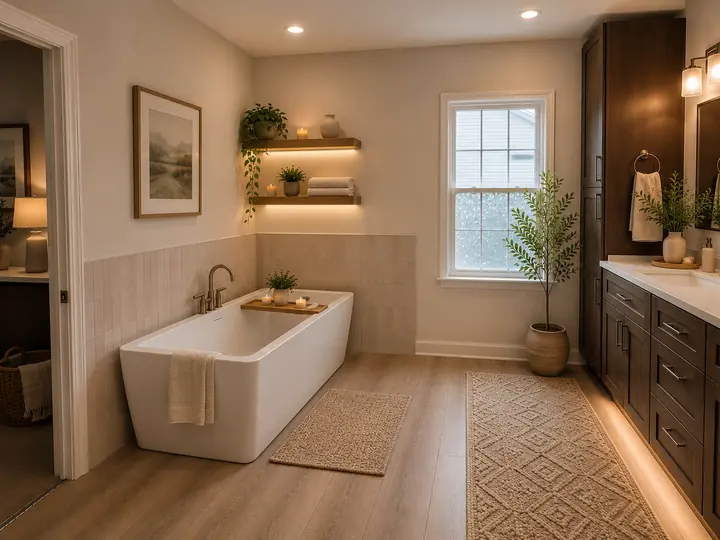 Bathroom with rectangular freestanding tub, tile wainscot and lit shelves