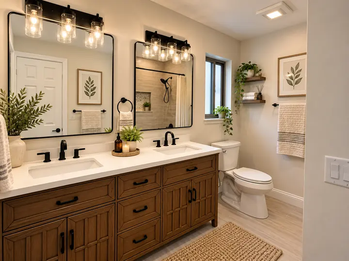 Bathroom with wood double vanity, white quartz top and black fixtures