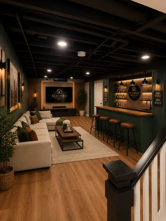 Finished basement with green shiplap bar, leather stools, sectional and media wall