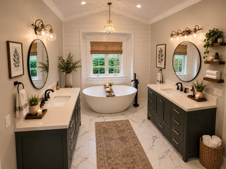 Master bathroom with freestanding tub, shiplap wall and two green vanities