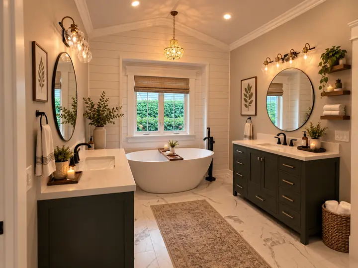 Master bathroom with shiplap, freestanding tub and green vanities