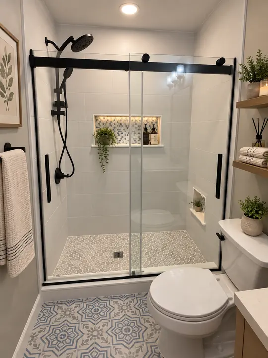 Sliding glass shower with hex floor, lit niche and patterned floor tile