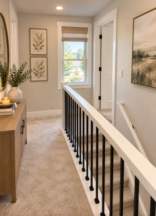 Upstairs landing with white handrail, black metal balusters and carpet