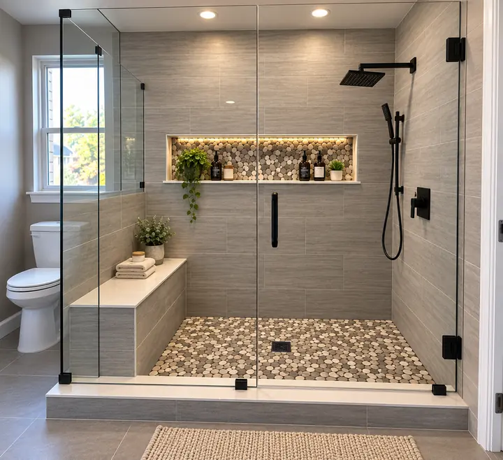 Walk-in glass shower with pebble tile floor, built-in bench and lit niche