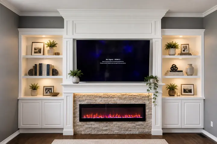 White built-in shelving around a TV and stacked stone electric fireplace
