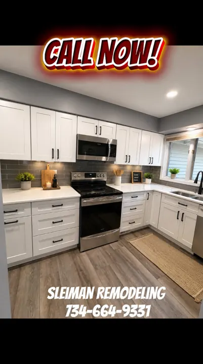 White shaker kitchen with gray subway backsplash — call 734-664-9331