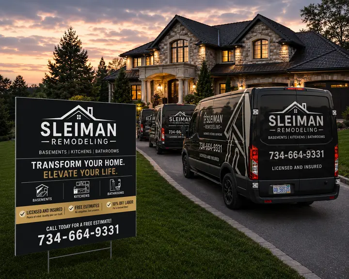 Sleiman Remodeling yard sign and branded vans outside a stone home