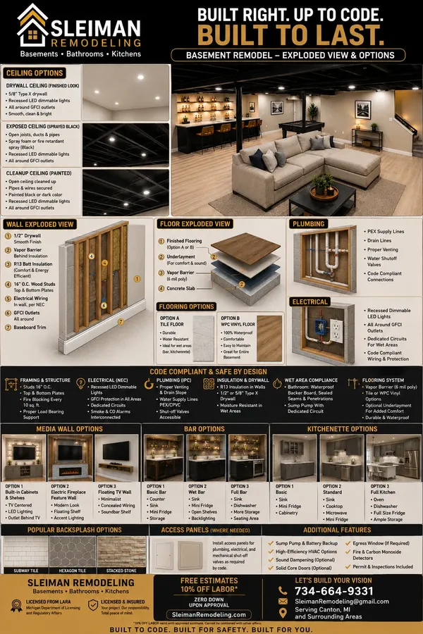 Basement remodel guide: ceiling, wall, floor, plumbing and electrical details plus media wall, bar and kitchenette options