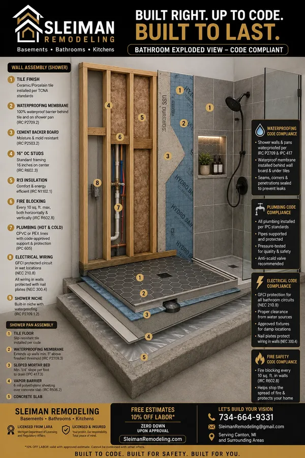 Bathroom remodel guide: shower wall and pan assembly, waterproofing, plumbing and electrical